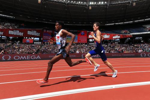 Hagos Gebrhiwet of Ethiopia leads Jakob Ingebrigtsen of Norway in the Men's 5000m.jpg