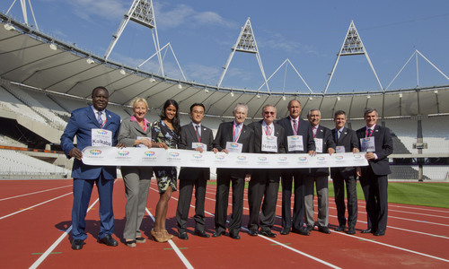 IAAF Evaluation Commission on athletics track at Olympic Stadium.JPG
