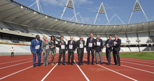 IAAF Evaluation Commission on athletics track at Olympic Stadium 2.jpg