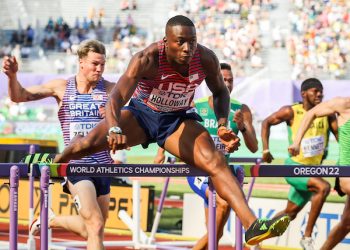 Oregon 22 World Athletics Champs, Day 3, Grant Holloway, Men’s 110m hurdles gold medalist, Mixed Zone Interview