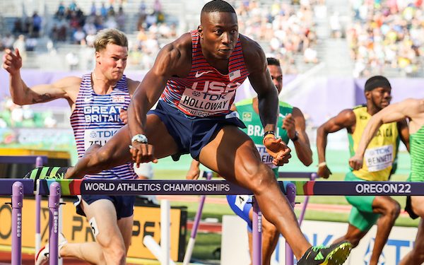 Oregon 22 World Athletics Champs, Day 3, Grant Holloway, Men’s 110m hurdles gold medalist, Mixed Zone Interview