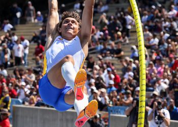 In the Mixed Zone, with Mondo Duplantis, LA Grand Prix, May 27, 2023