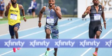 In the Mixed Zones, with Noah Lyles, at at the NYC Grand Prix, June 23, 2023 ( Pre event Zone)
