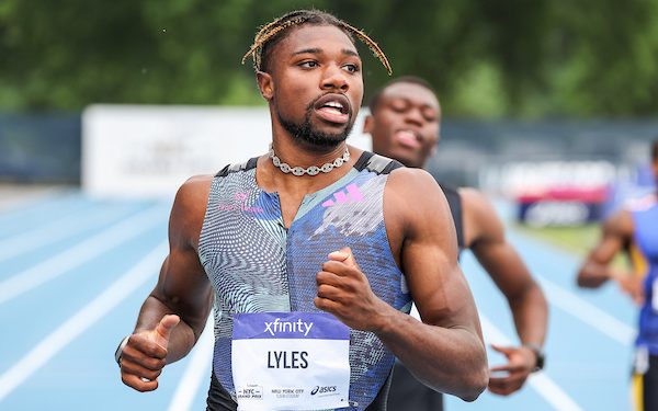 In the Mixed Zones, with Noah Lyles, at at the NYC Grand Prix, June 23, 2023 ( Pre event Zone)