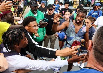 In the Mixed Zones, with Noah Lyles, at at the NYC Grand Prix, June 23, 2023 ( Pre event Zone)