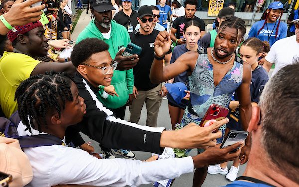 In the Mixed Zones, with Noah Lyles, at at the NYC Grand Prix, June 23, 2023 ( Pre event Zone)
