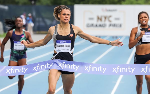 In the Mixed Zone, with Sydney McLaughlin, at the NYC Grand Prix, June 23, 2023 ( Pre event Zone)