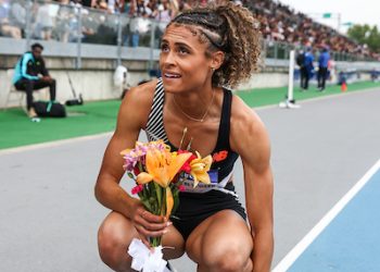 In the Mixed Zone, with Sydney McLaughlin, at the NYC Grand Prix, June 23, 2023 ( Pre event Zone)