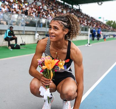 In the Mixed Zone, with Sydney McLaughlin, at the NYC Grand Prix, June 23, 2023 ( Pre event Zone)