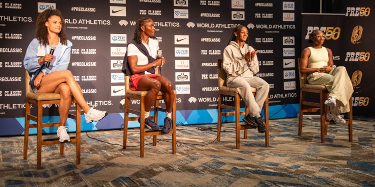 The 2025 NIKE Pre Classic Presser, Day 2, Presser 4, The Sprints, Women, Sydney McLaughlin-Levrone, Julien Alfred, Sha’Carri Richardson, Melissa Jefferson-Wooden